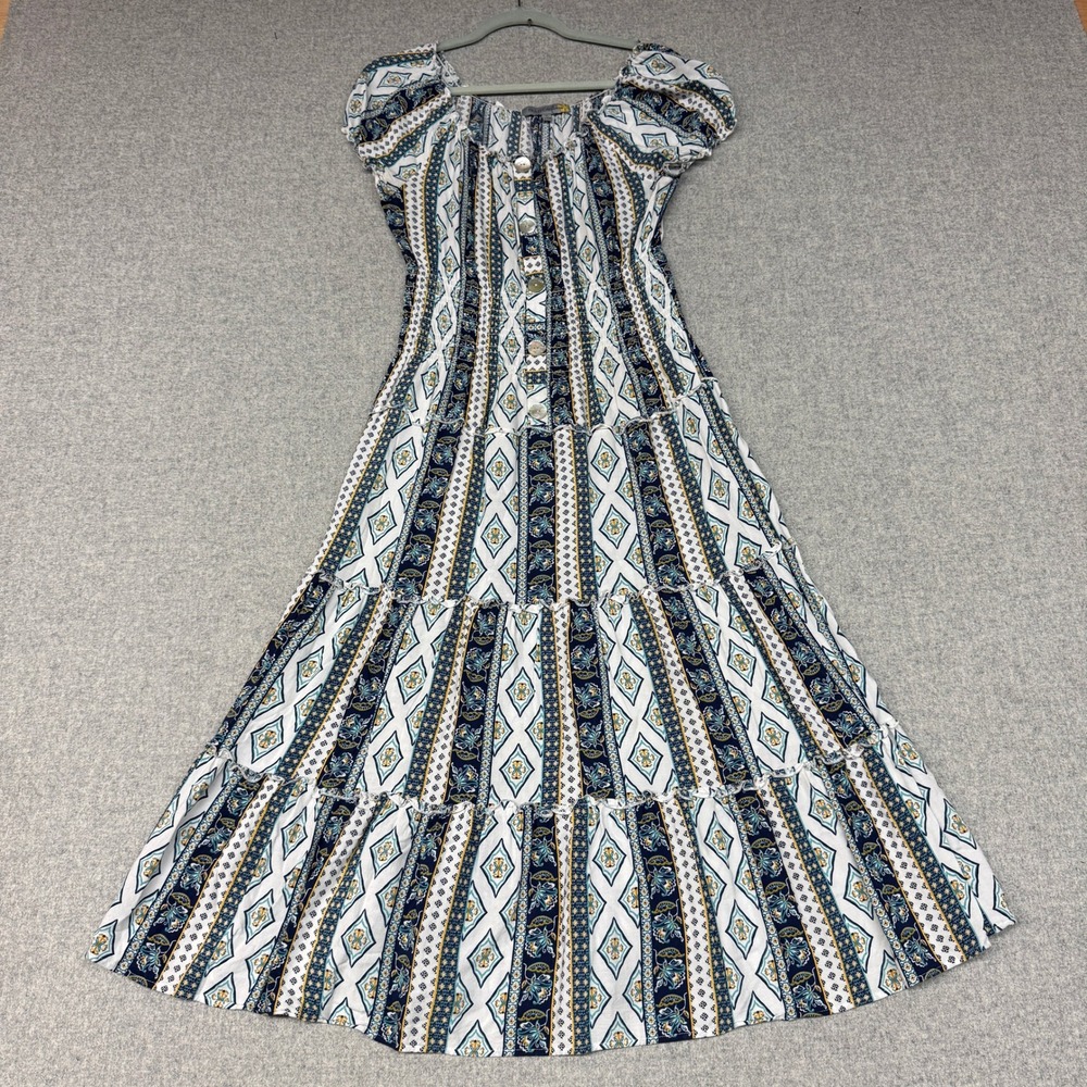 Figueroa & Flower Maxi Dress Small Blue White Boho Tiered Smocked Rayon Peasant